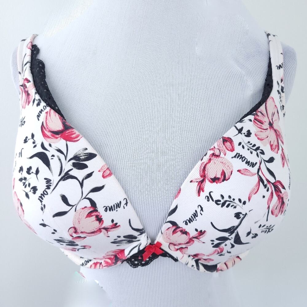 Cacique Bra 42DD Pink Floral Paris Words, Underwire, 4 Prong Back Closur ,Padded